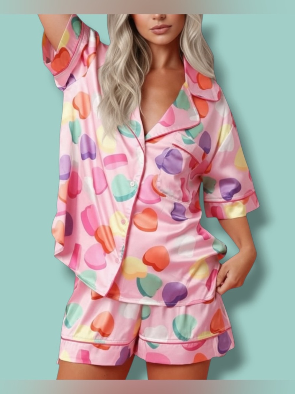 Peach Love CA Pink Satin Candy Heart Pajama Set Sz M